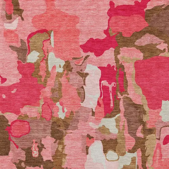 Coral Pink And Brown Abstract Washable Indoor Outdoor Area Rug Photo 5