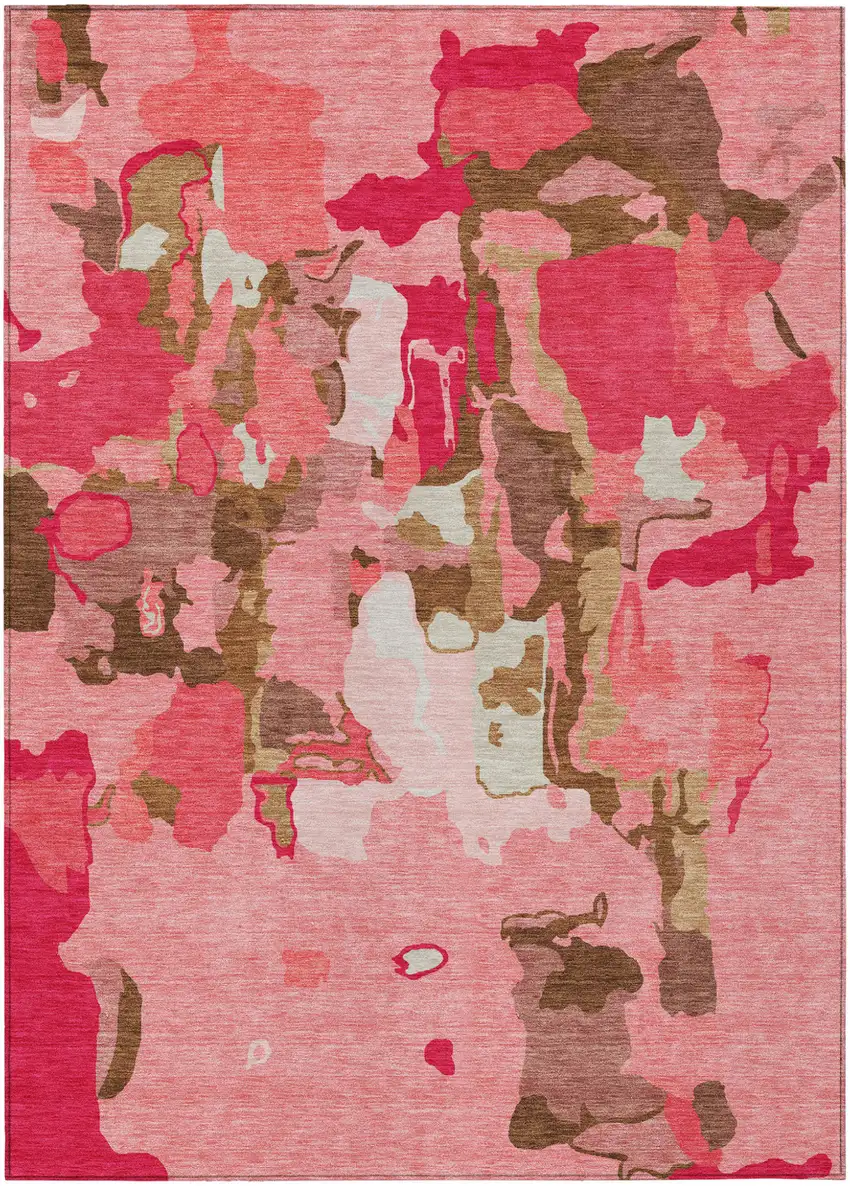 Coral Pink And Brown Abstract Washable Indoor Outdoor Area Rug Photo 2