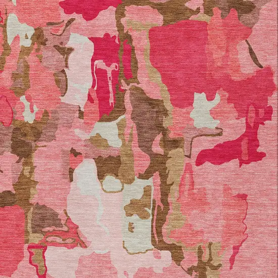 Coral Pink And Brown Abstract Washable Indoor Outdoor Area Rug Photo 5