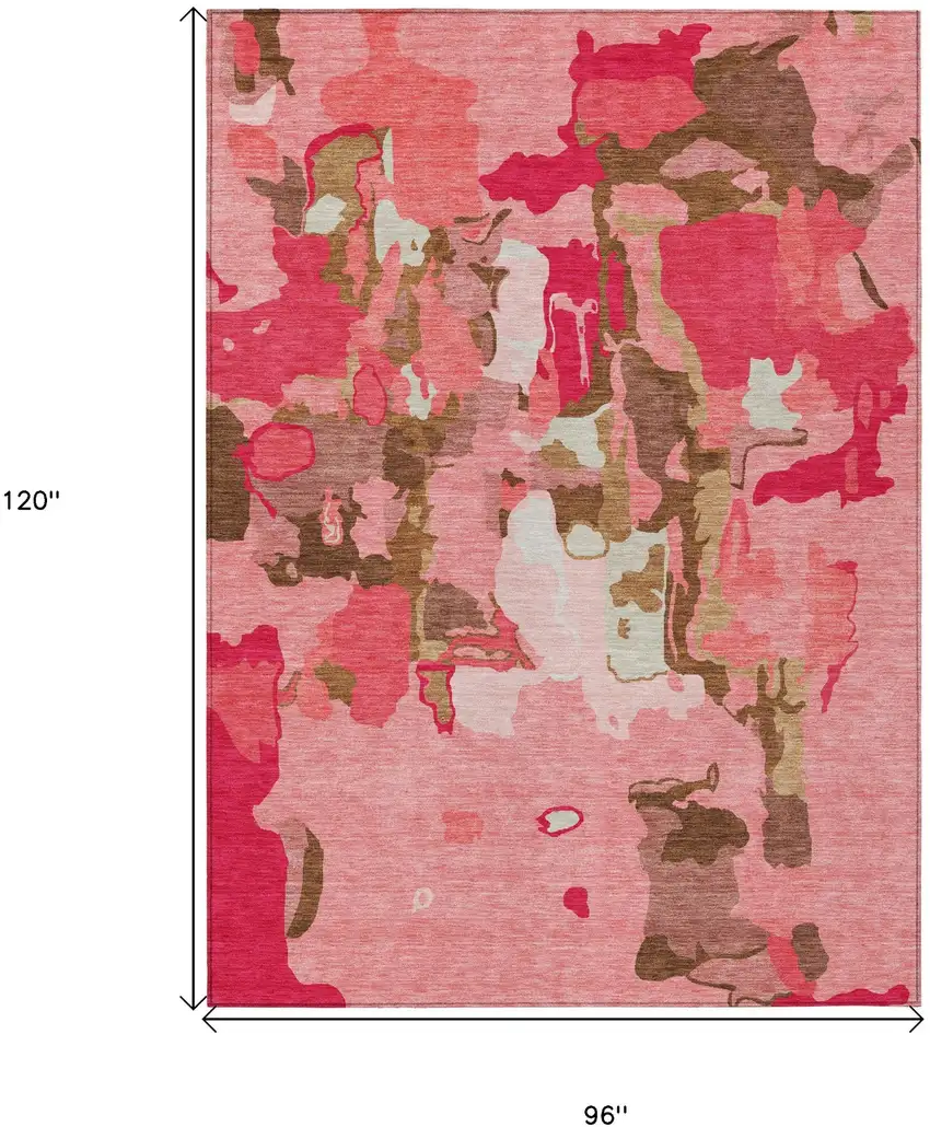 Coral Pink And Brown Abstract Washable Indoor Outdoor Area Rug Photo 3