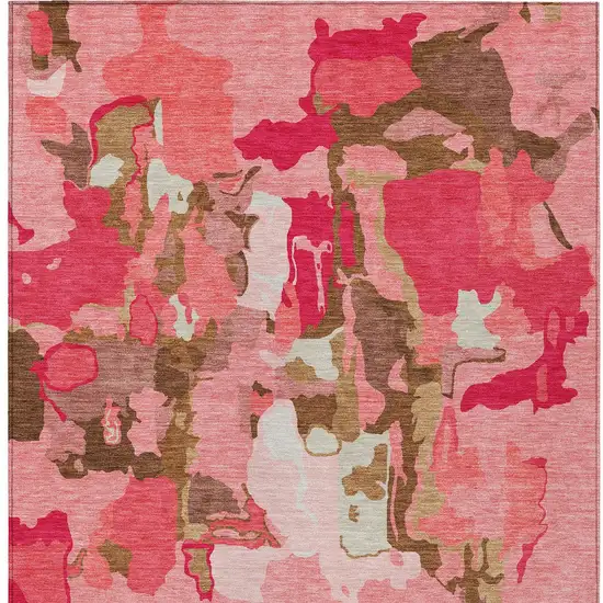 Coral Pink And Brown Abstract Washable Indoor Outdoor Area Rug Photo 7