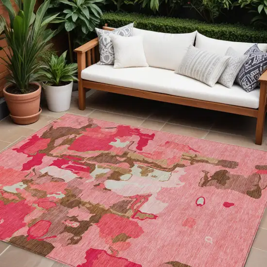 Coral Pink And Brown Abstract Washable Indoor Outdoor Area Rug Photo 1