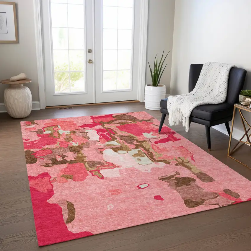 Coral Pink And Brown Abstract Washable Indoor Outdoor Area Rug Photo 9
