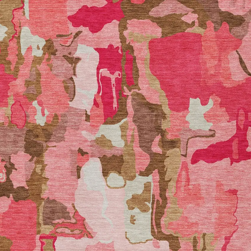 Coral Pink And Brown Abstract Washable Indoor Outdoor Area Rug Photo 5
