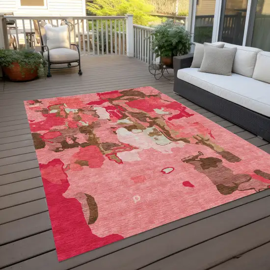 Coral Pink And Brown Abstract Washable Indoor Outdoor Area Rug Photo 8