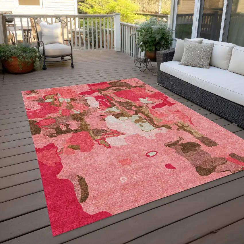 Coral Pink And Brown Abstract Washable Indoor Outdoor Area Rug Photo 8