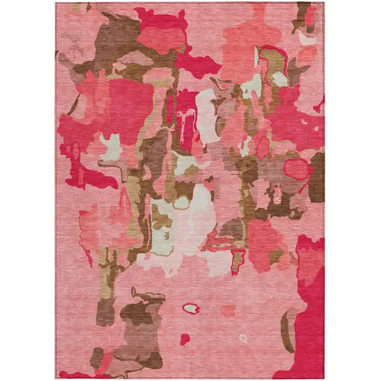Coral Pink And Brown Abstract Washable Indoor Outdoor Area Rug Photo 7