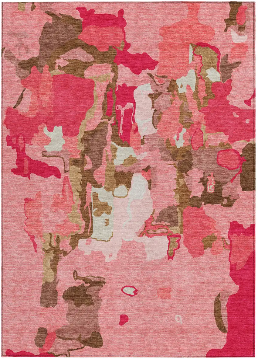 Coral Pink And Brown Abstract Washable Indoor Outdoor Area Rug Photo 7