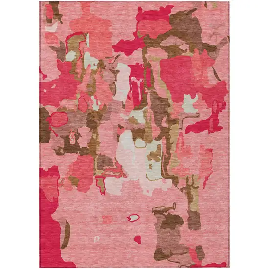 Coral Pink And Brown Abstract Washable Indoor Outdoor Area Rug Photo 2