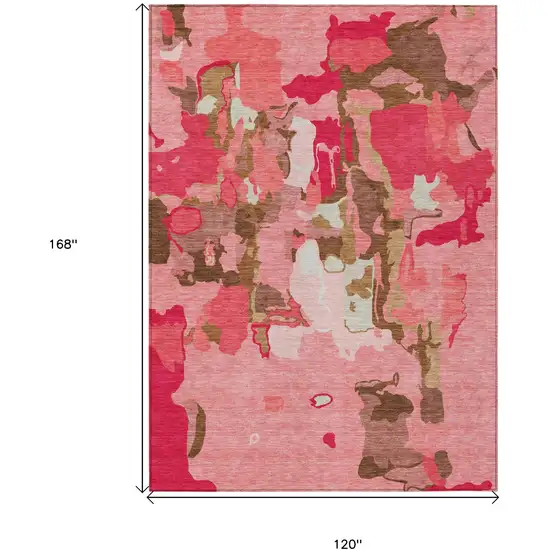 Coral Pink And Brown Abstract Washable Indoor Outdoor Area Rug Photo 3