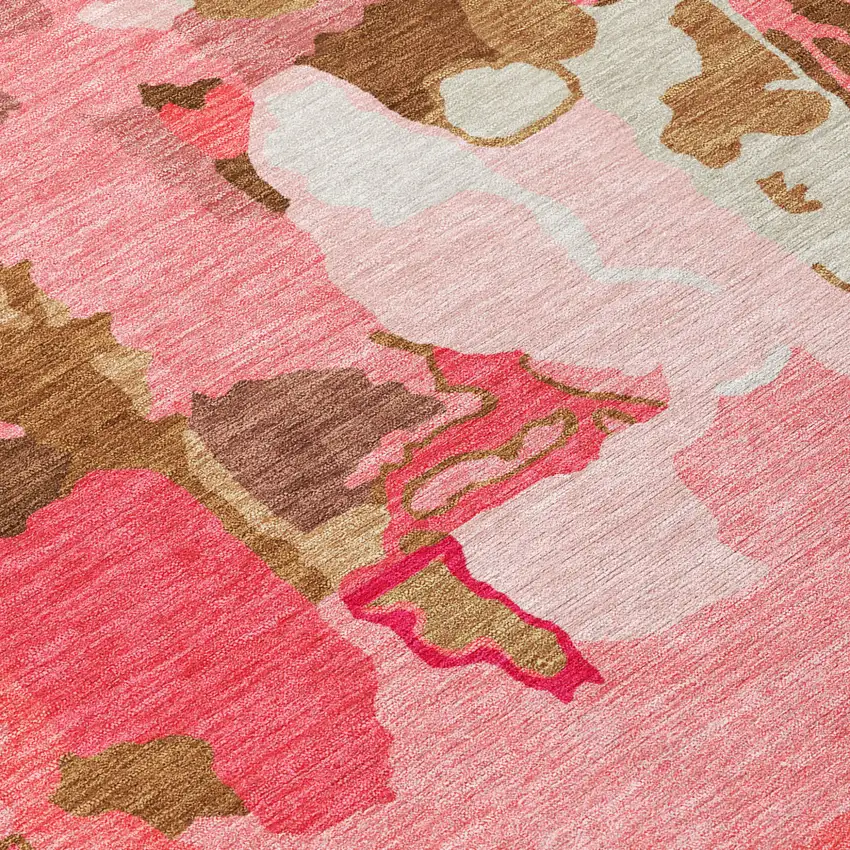 Coral Pink And Brown Abstract Washable Indoor Outdoor Area Rug Photo 6