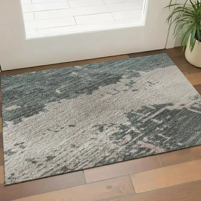 Coral Pink And Gray Abstract Washable Area Rug With UV Protection Photo 2