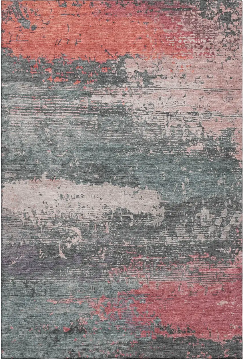 Coral Pink And Gray Abstract Washable Area Rug With UV Protection Photo 4