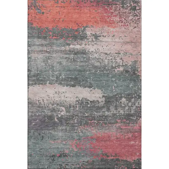 Coral Pink And Gray Abstract Washable Area Rug With UV Protection Photo 5