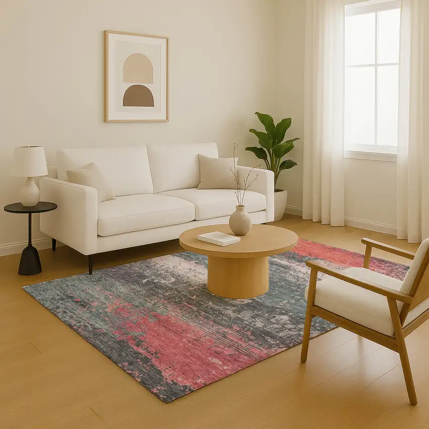 Coral Pink And Gray Abstract Washable Area Rug With UV Protection Photo 4