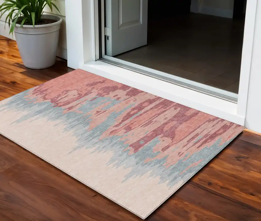 Coral Pink And Gray Abstract Washable Indoor Outdoor Area Rug Photo 1
