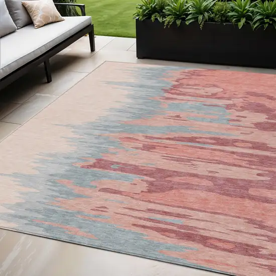 Coral Pink And Gray Abstract Washable Indoor Outdoor Area Rug Photo 1