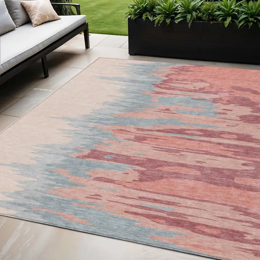Coral Pink And Gray Abstract Washable Indoor Outdoor Area Rug Photo 1