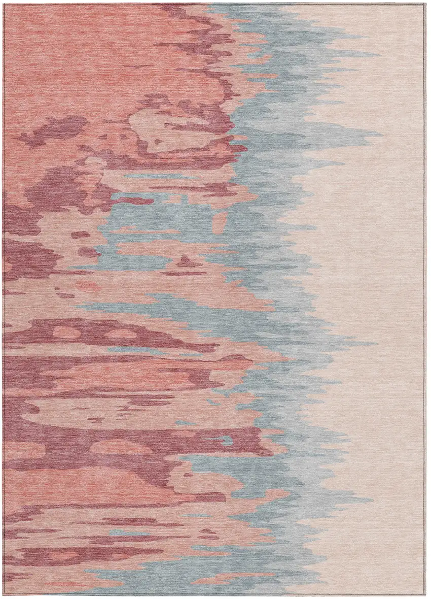 Coral Pink And Gray Abstract Washable Indoor Outdoor Area Rug Photo 7