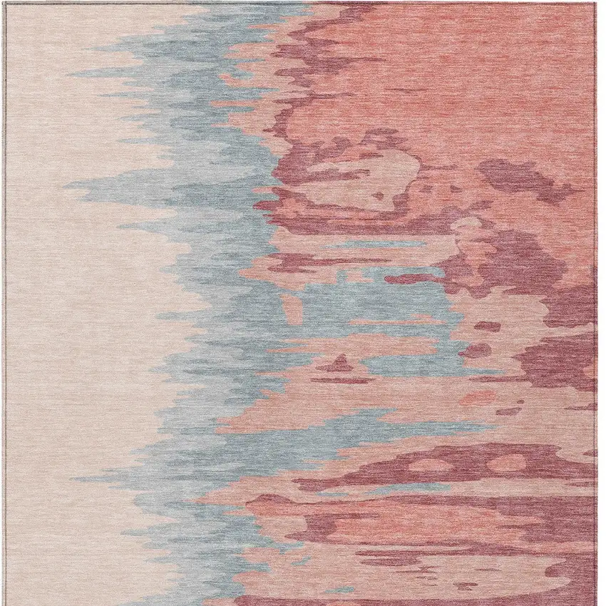Coral Pink And Gray Abstract Washable Indoor Outdoor Area Rug Photo 6