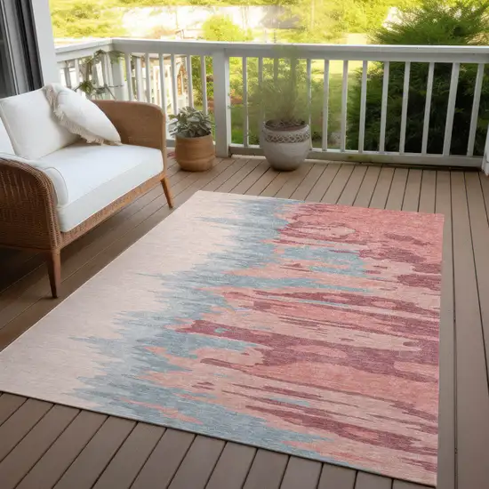 Coral Pink And Gray Abstract Washable Indoor Outdoor Area Rug Photo 8