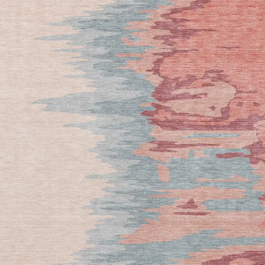 Coral Pink And Gray Abstract Washable Indoor Outdoor Area Rug Photo 6