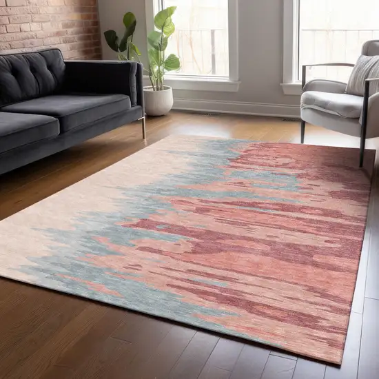 Coral Pink And Gray Abstract Washable Indoor Outdoor Area Rug Photo 9