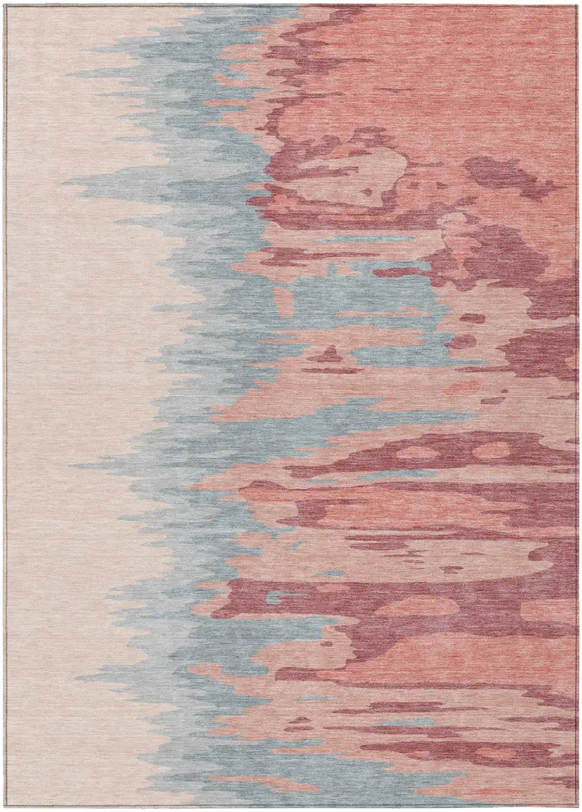 Coral Pink And Gray Abstract Washable Indoor Outdoor Area Rug Photo 2