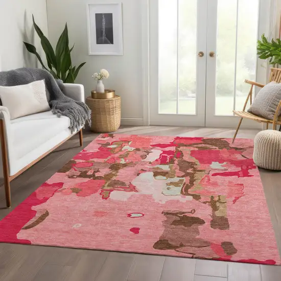 Coral Pink And Ivory Abstract Washable Area Rug With UV Protection Photo 5