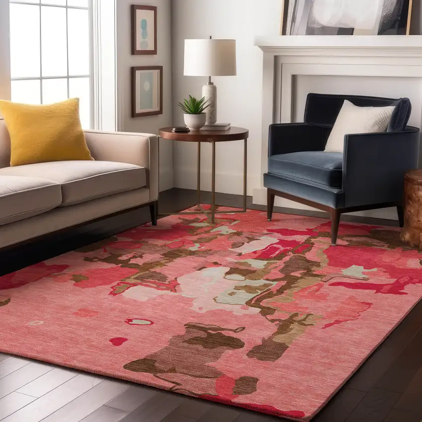 Coral Pink And Ivory Abstract Washable Area Rug With UV Protection Photo 4