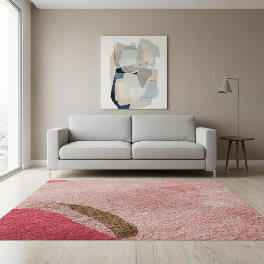 Coral Pink And Ivory Abstract Washable Area Rug With UV Protection Photo 2