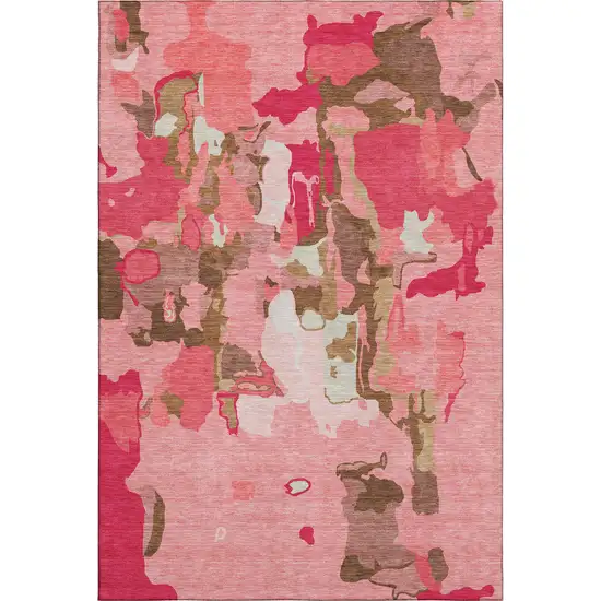 Coral Pink And Ivory Abstract Washable Area Rug With UV Protection Photo 6