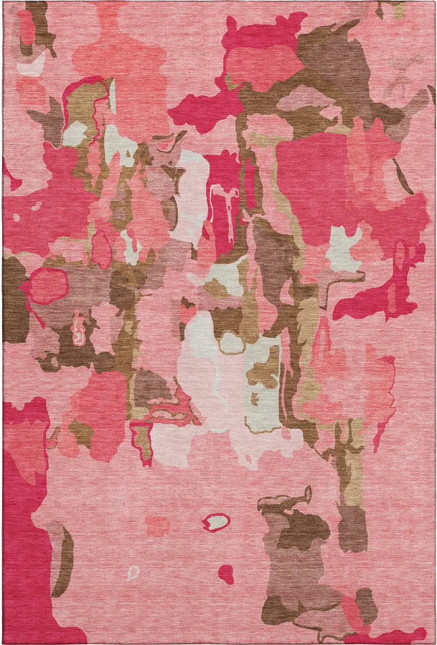 Coral Pink And Ivory Abstract Washable Area Rug With UV Protection Photo 6