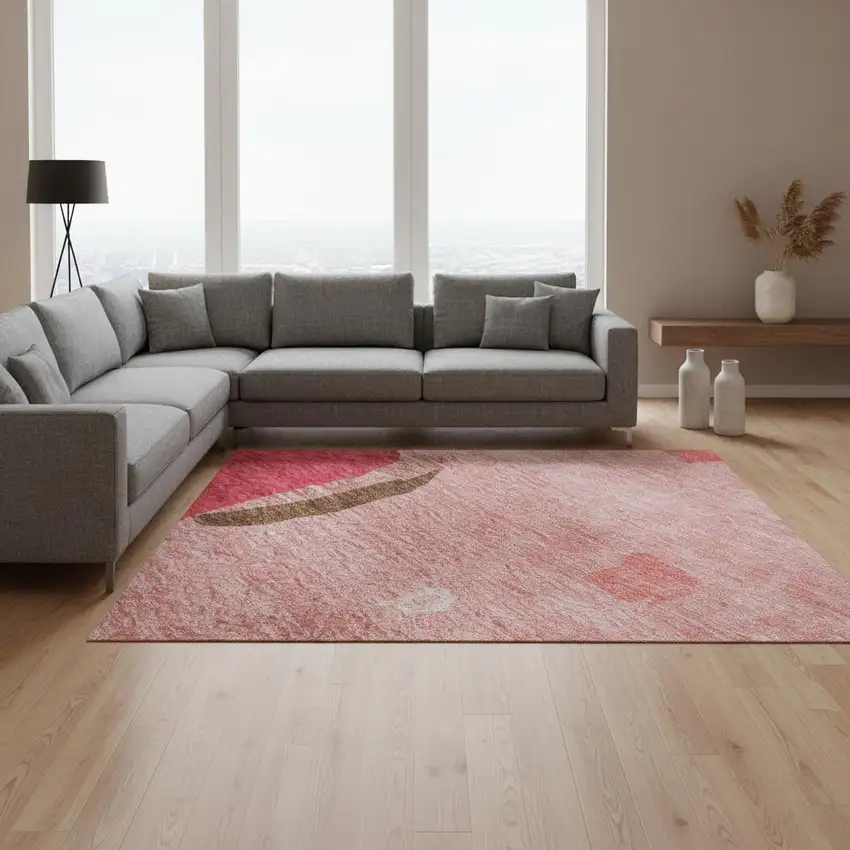 Coral Pink And Ivory Abstract Washable Area Rug With UV Protection Photo 2