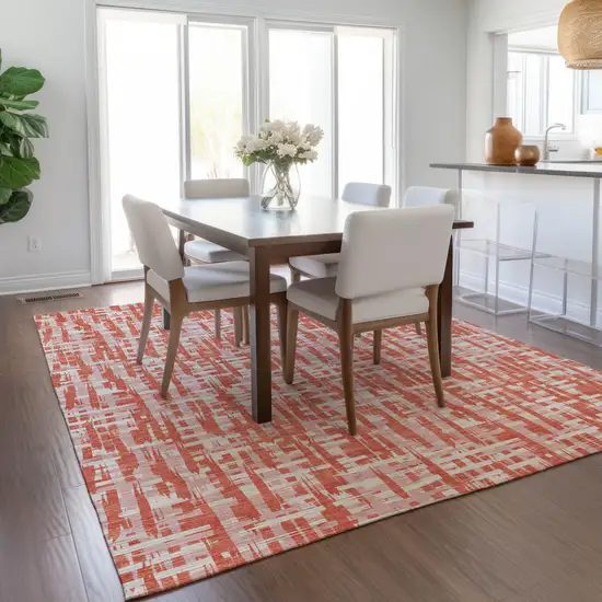 Coral Pink And Ivory Abstract Washable Indoor Outdoor Area Rug Photo 9