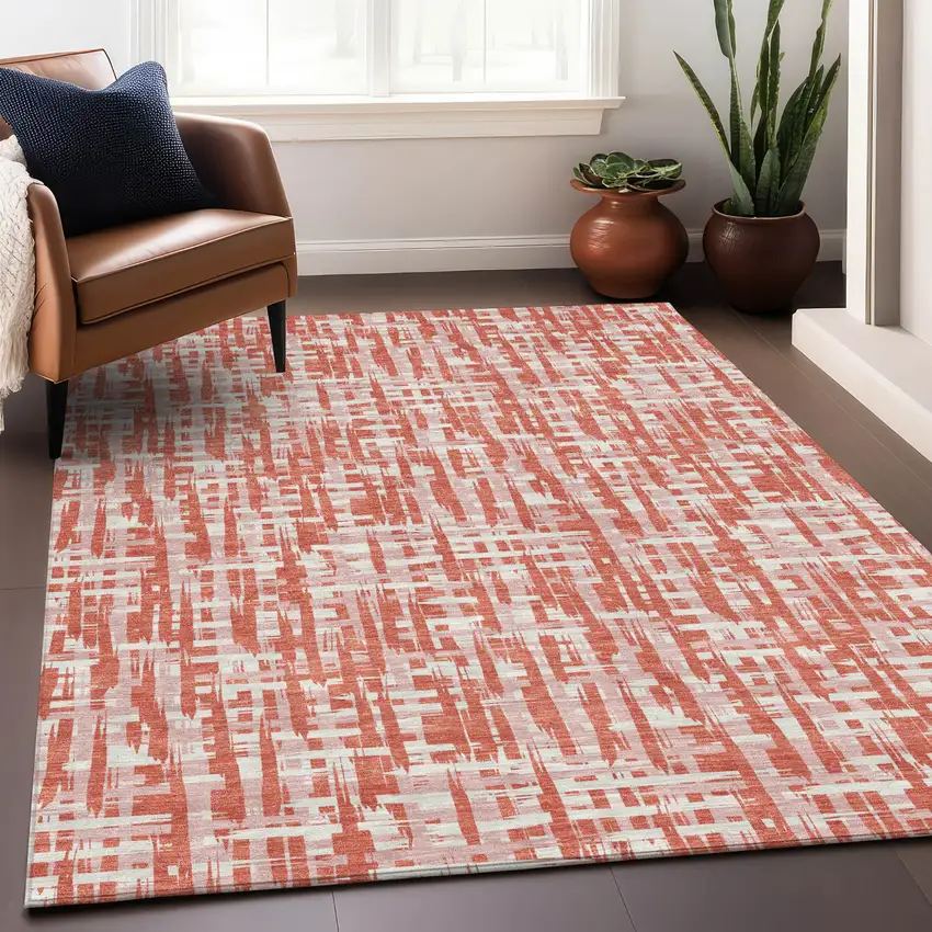 Coral Pink And Ivory Abstract Washable Indoor Outdoor Area Rug Photo 9