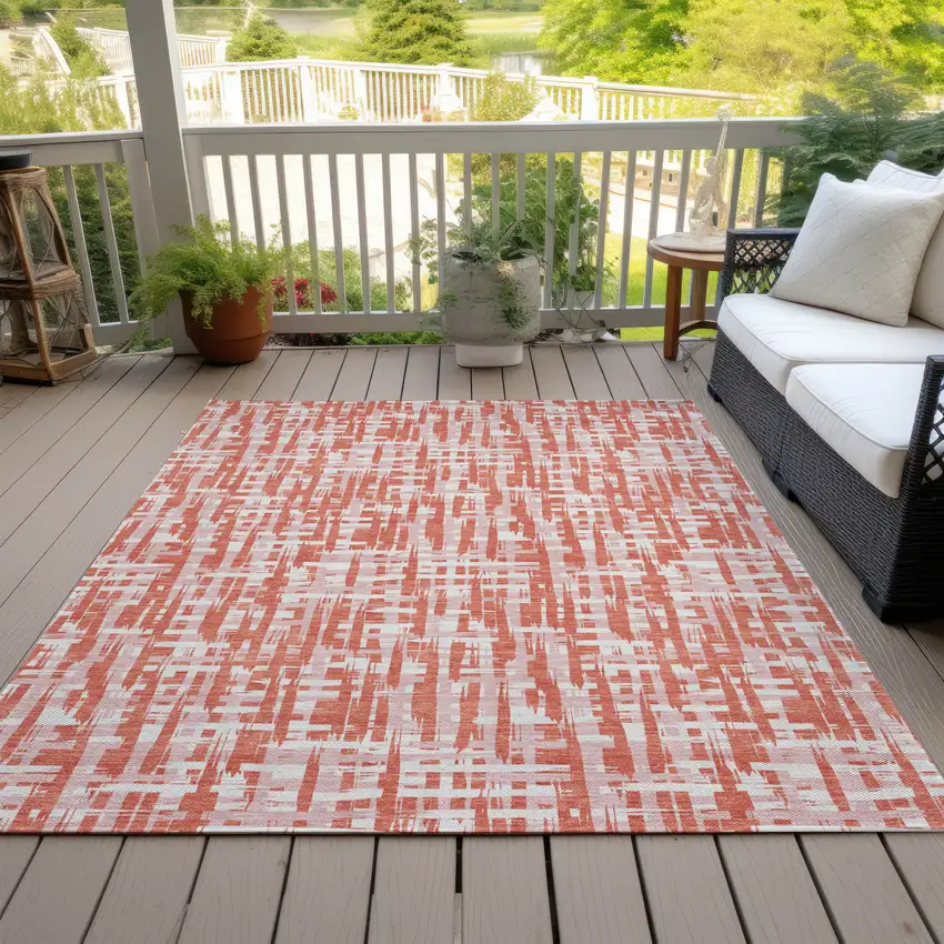 Coral Pink And Ivory Abstract Washable Indoor Outdoor Area Rug Photo 8