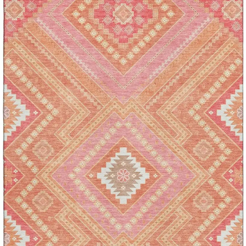 Coral Pink And Ivory Tribal Washable Area Rug With UV Protection Photo 3