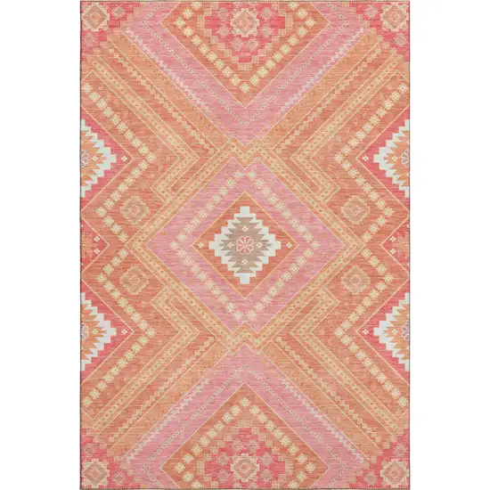 Coral Pink And Ivory Tribal Washable Area Rug With UV Protection Photo 1