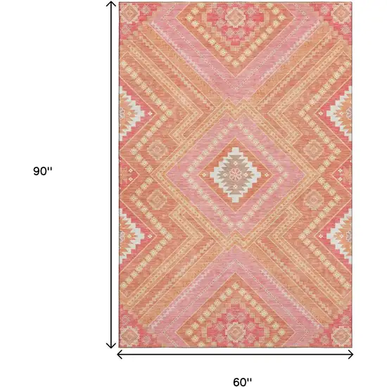 Coral Pink And Ivory Tribal Washable Area Rug With UV Protection Photo 9
