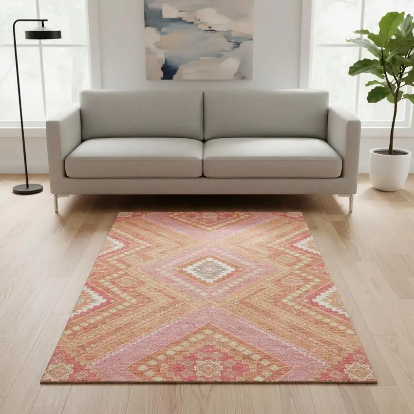Coral Pink And Ivory Tribal Washable Area Rug With UV Protection Photo 2