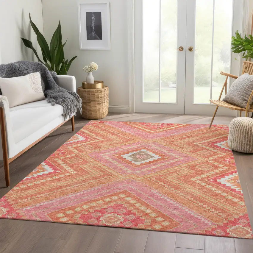 Coral Pink And Ivory Tribal Washable Area Rug With UV Protection Photo 5
