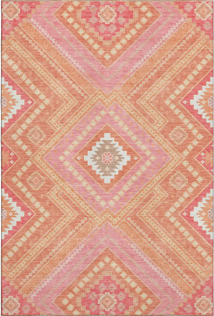 Coral Pink And Ivory Tribal Washable Area Rug With UV Protection Photo 1