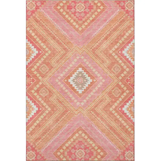 Coral Pink And Ivory Tribal Washable Area Rug With UV Protection Photo 4