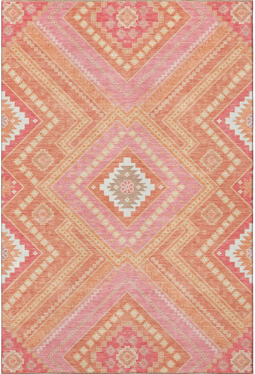 Coral Pink And Ivory Tribal Washable Area Rug With UV Protection Photo 4