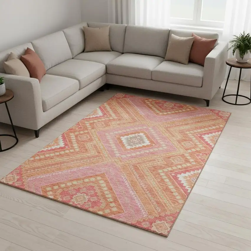 Coral Pink And Ivory Tribal Washable Area Rug With UV Protection Photo 2
