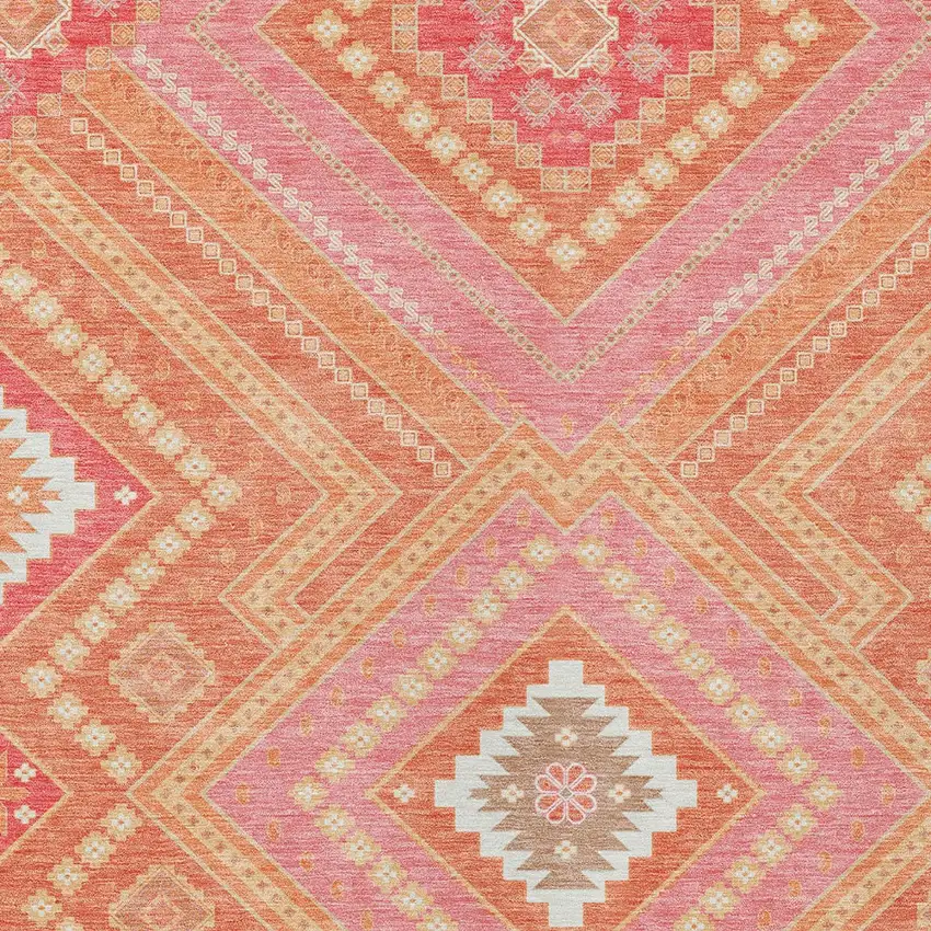 Coral Pink And Ivory Tribal Washable Indoor Outdoor Area Rug Photo 5