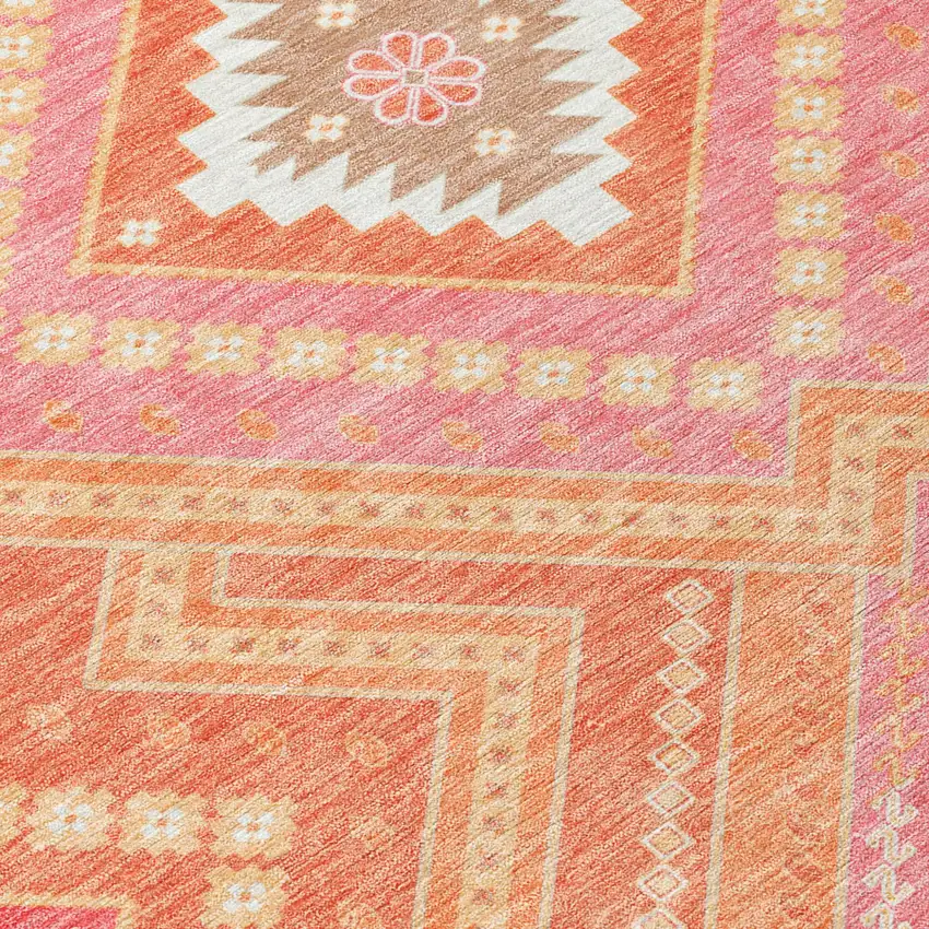 Coral Pink And Ivory Tribal Washable Indoor Outdoor Area Rug Photo 4