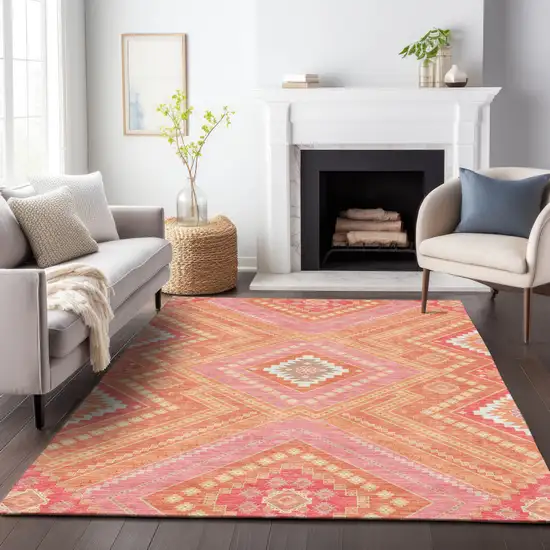 Coral Pink And Ivory Tribal Washable Indoor Outdoor Area Rug Photo 9