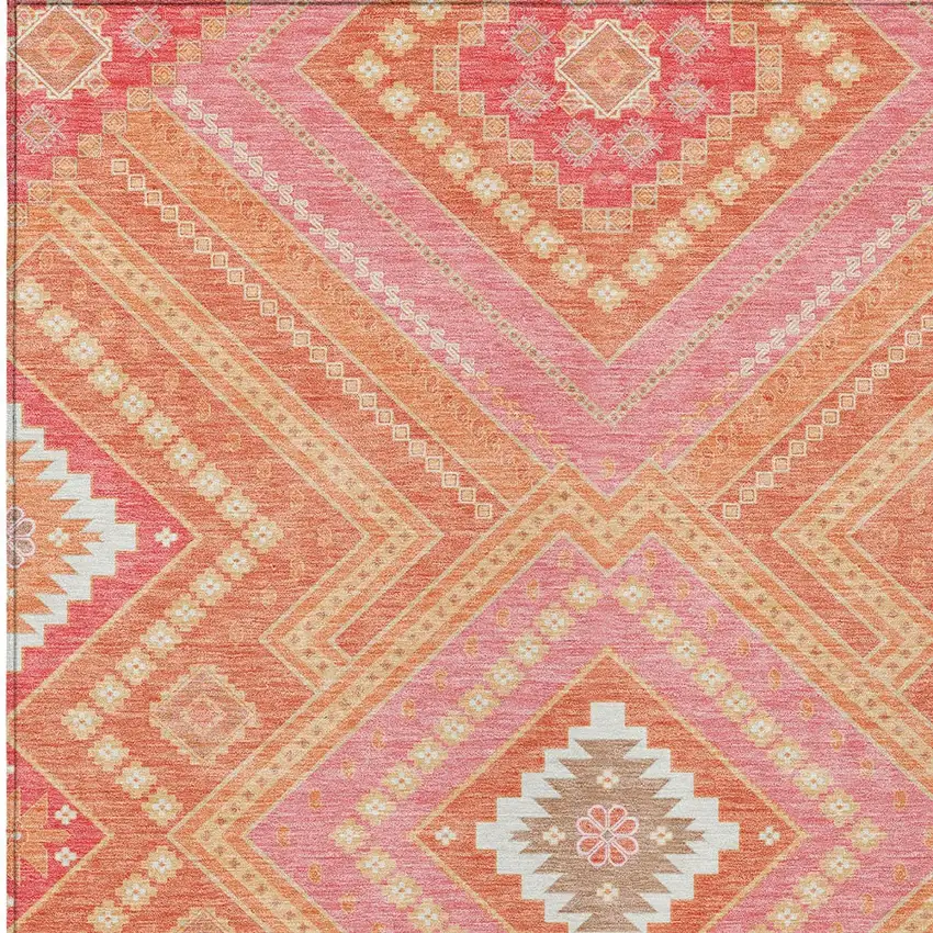 Coral Pink And Ivory Tribal Washable Indoor Outdoor Area Rug Photo 5